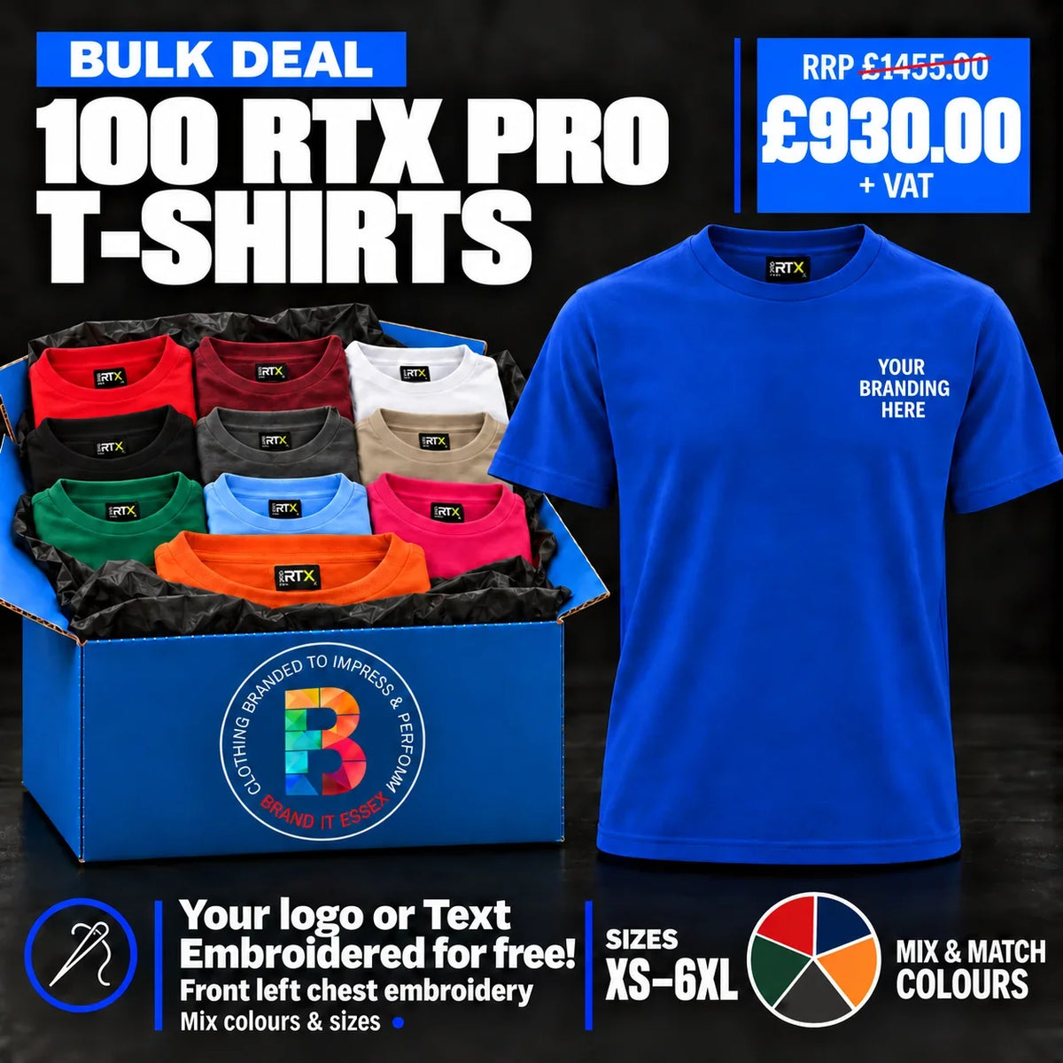 Personalised Custom Branded Branded Pro T-Shirt Deal - Pack 100 - Brand It Essex Ltd