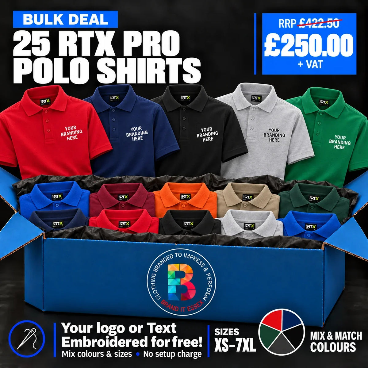 Personalised Custom Branded Branded Pro Polo Shirt Deal - Pack 25 - Brand It Essex Ltd