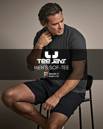 Custom branded Tee Jays men's Sof-Tee in black, modeled in studio by Brand It Essex Ltd.