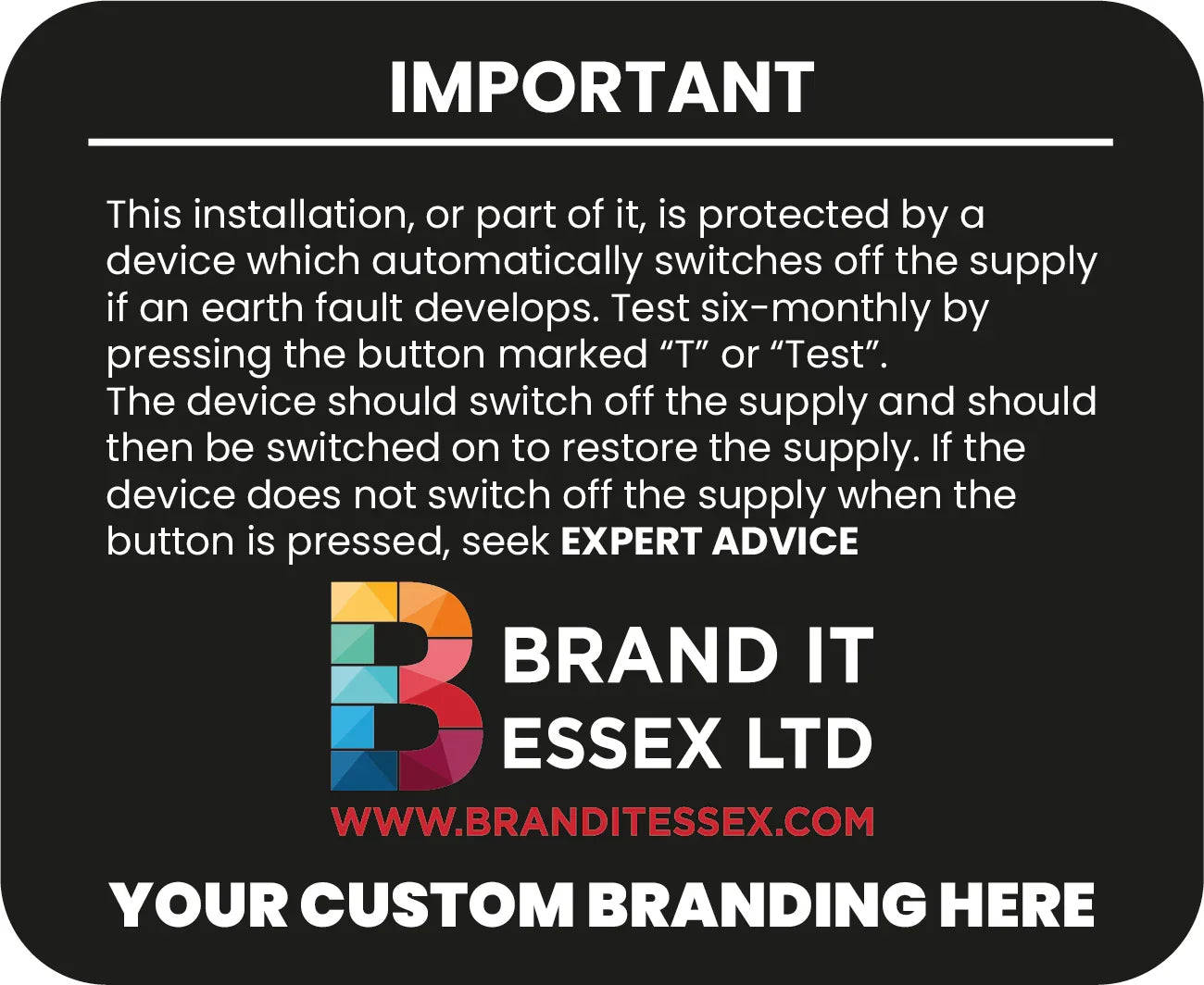 Personalised Custom Branded Custom RCD Test Reminder Sticker – (110mm x 90mm) - Brand It Essex Ltd
