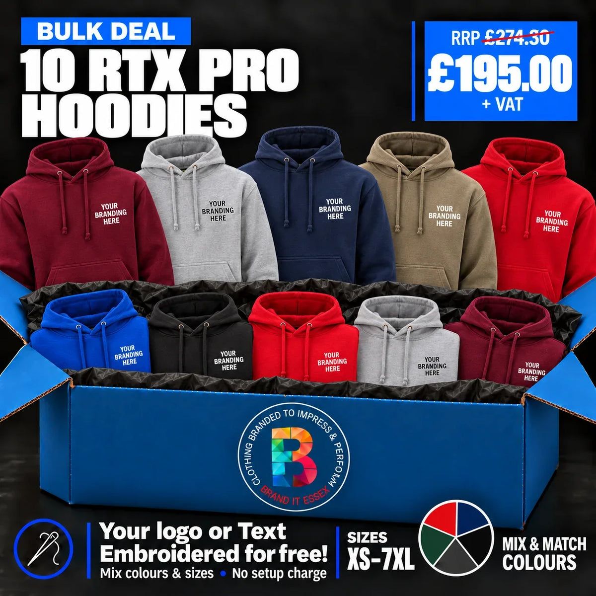 Personalised Custom Branded Branded Pro Hoodie Deal - Pack 10 - Brand It Essex Ltd
