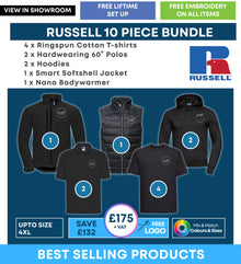 Promotional image of Russell 10 piece bundle with clothing items and branding.