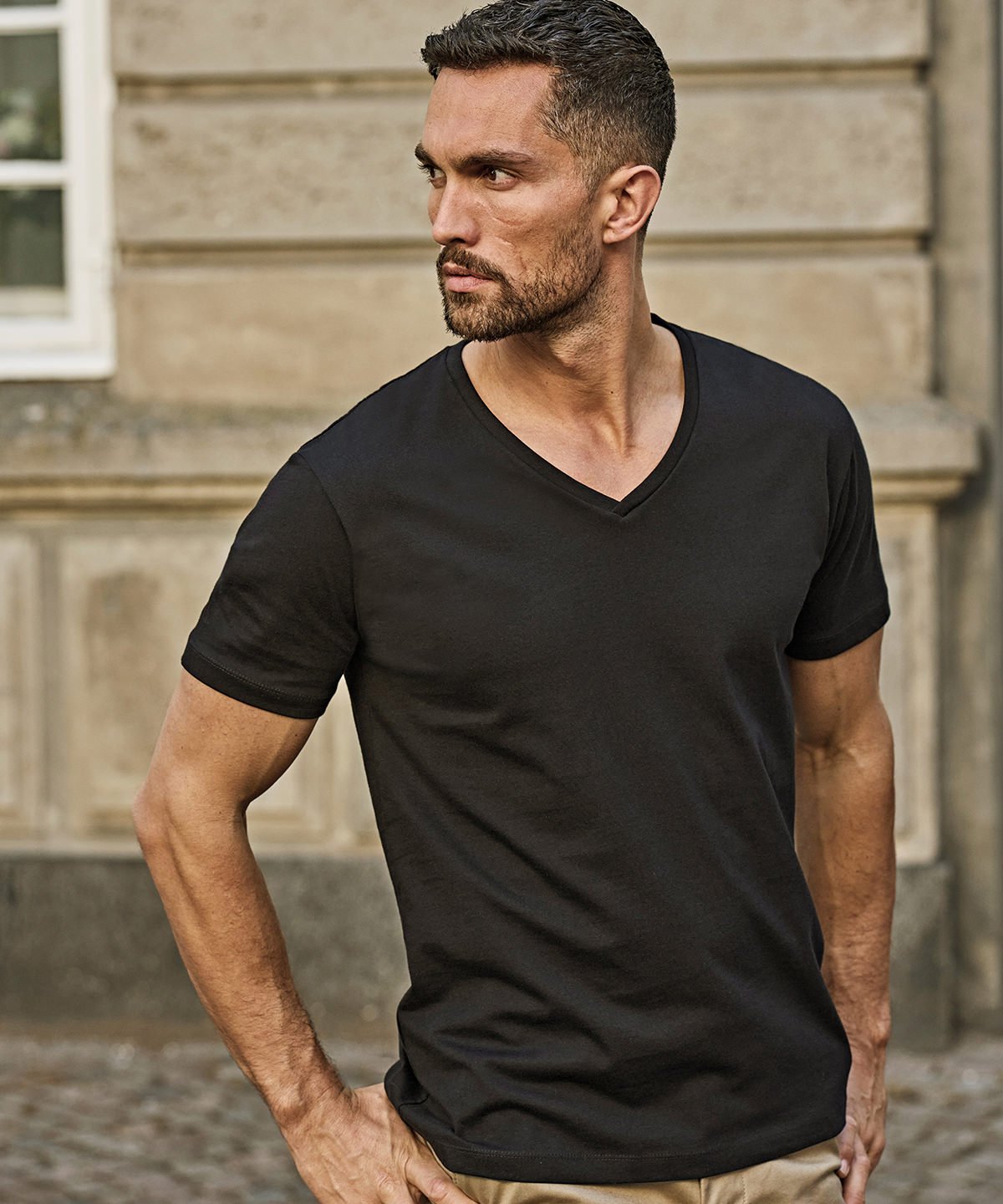 Tee Jays V Neck Sof T-Shirt TJ8006 embroidered branded workwear lifestyle shot